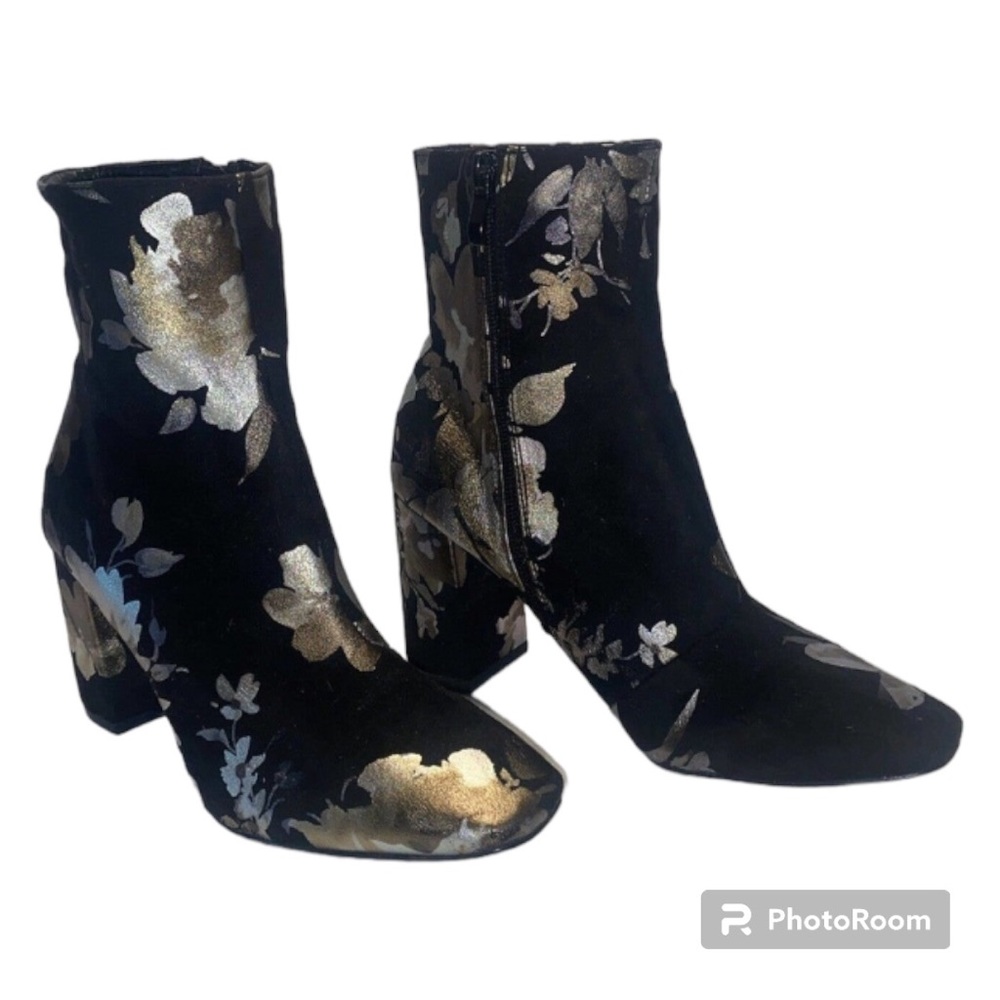 Lulu's Black Velvet Ankle Boots with Gold & Silver Floral